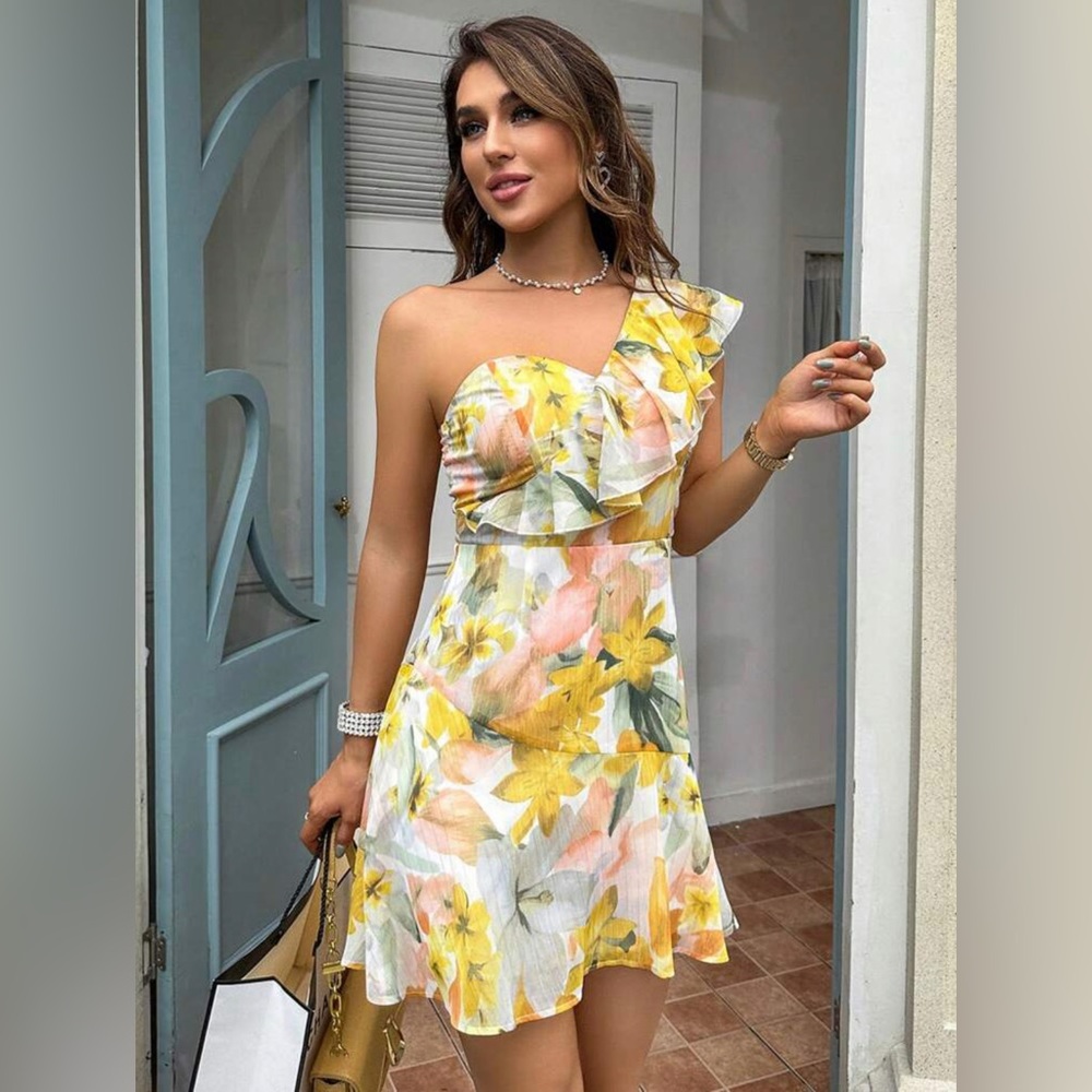 One shoulder yellow dress A line medium bohemian all over print ruffle pattern
